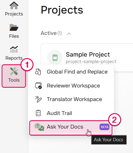Click Tools > Ask Your Docs button to access it.