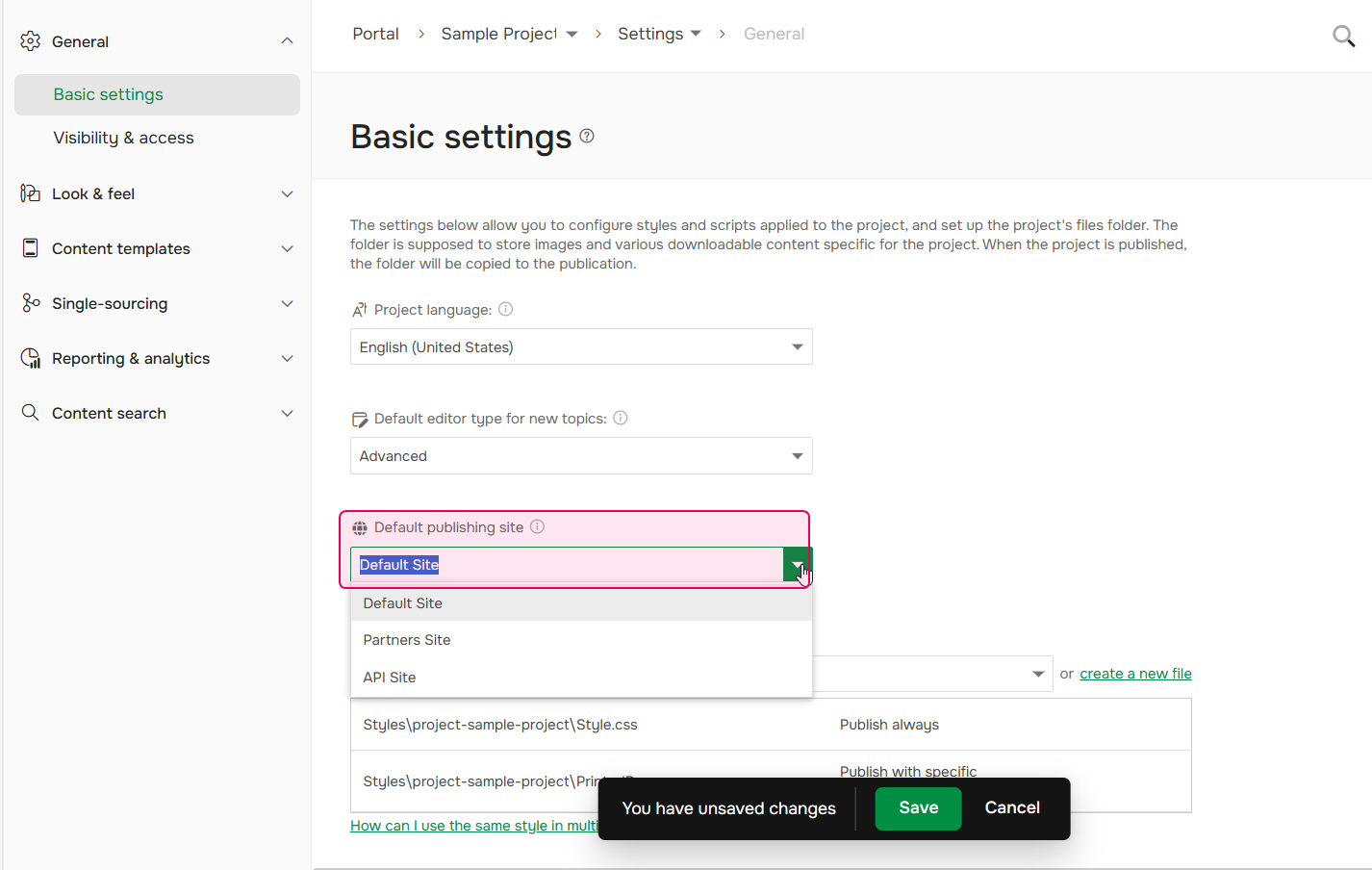 Select the default site.
