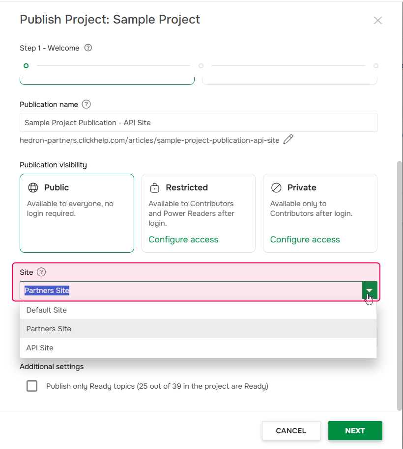 Select a site during publishing.