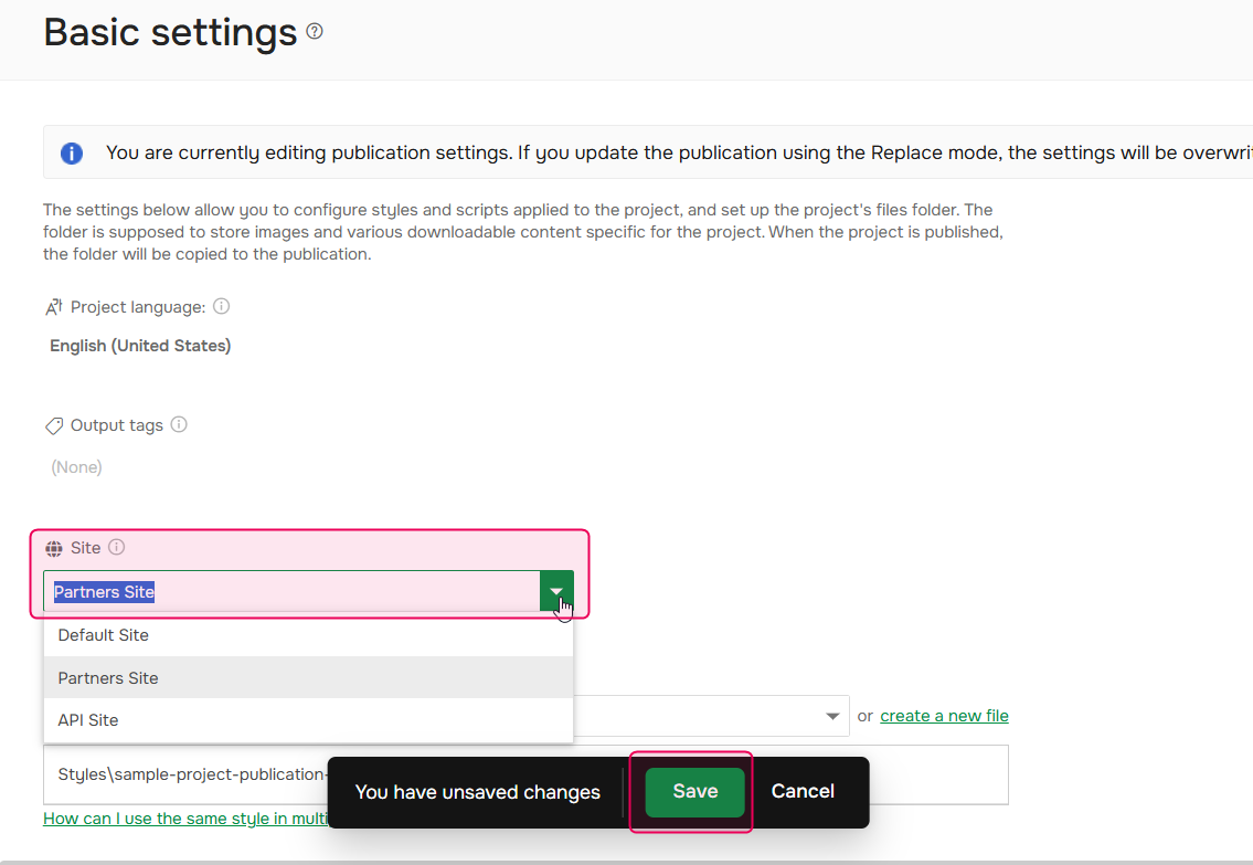 Select a site in the publication settings.