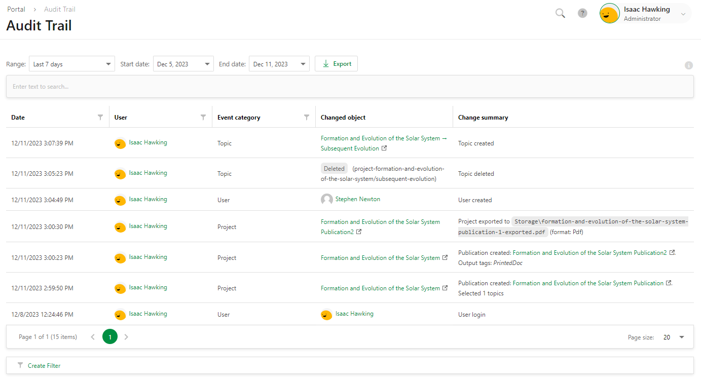 The Audid Trail page.