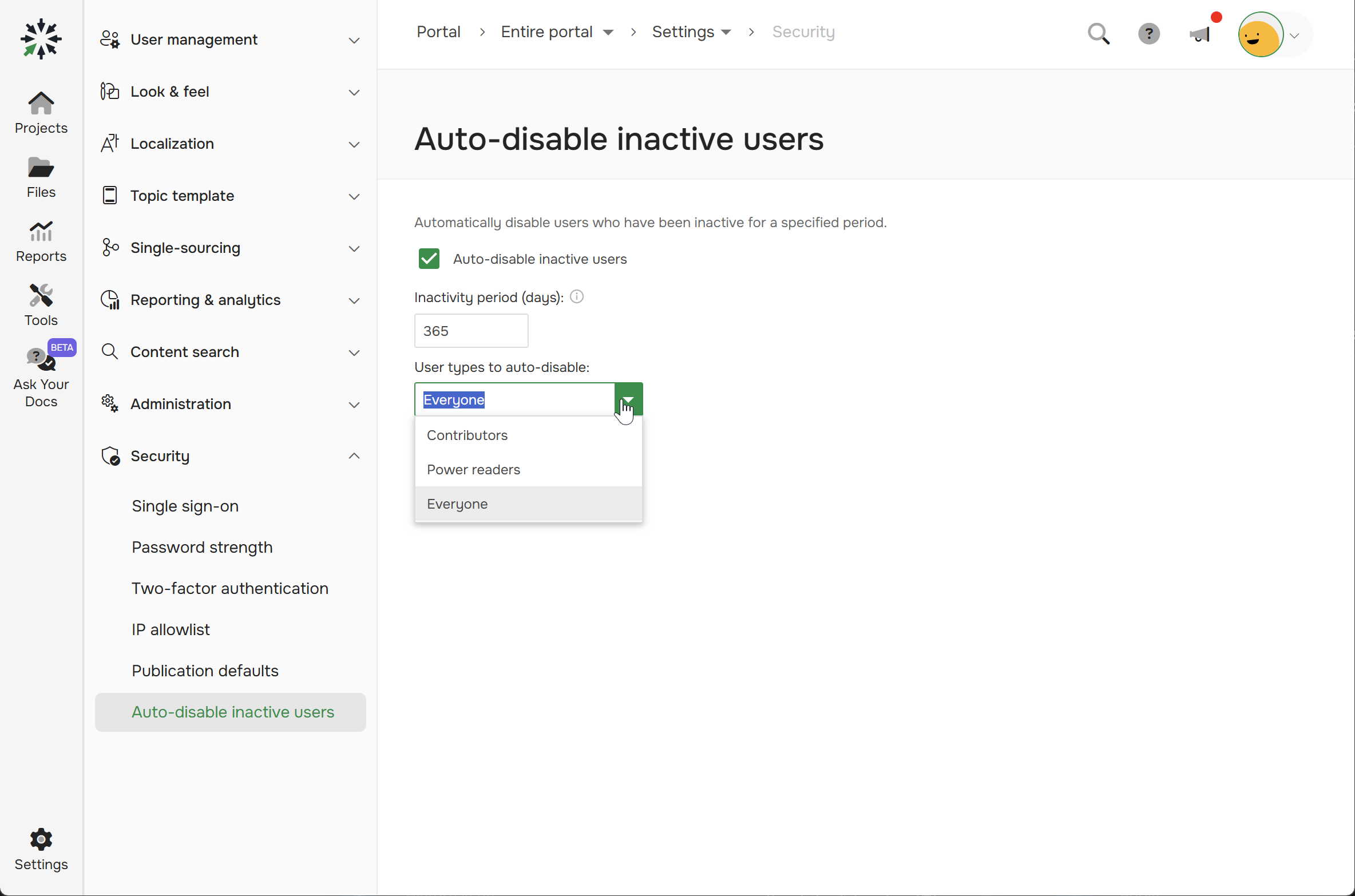 Auto-disable inactive users configuration page.