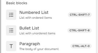 The Basic Blocks section of the insert block list.