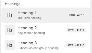The Headings section of the insert block list.