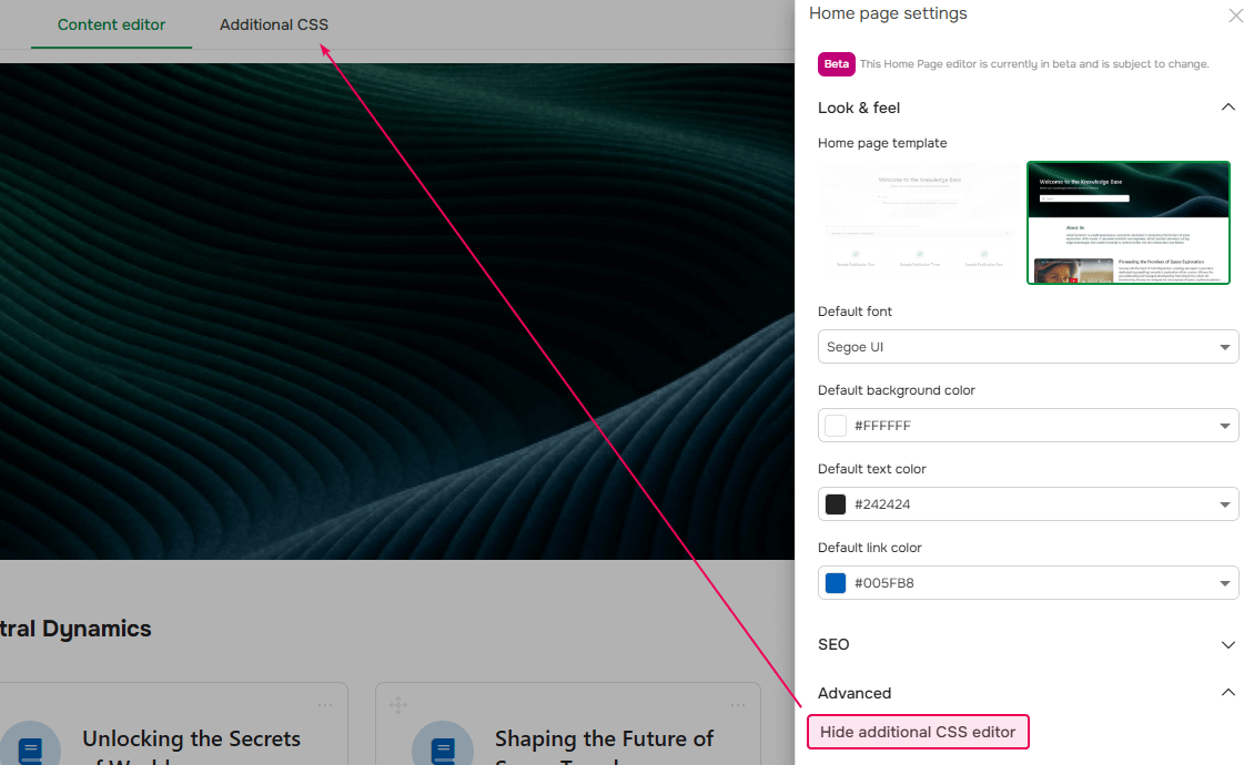 The Advanced settings section of the Home page.