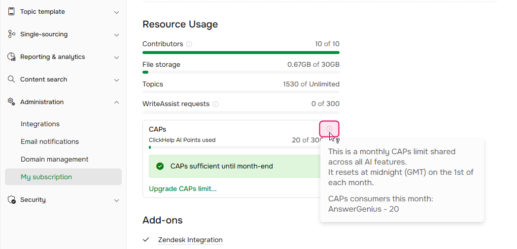 CAPs usage on the my subscription page.