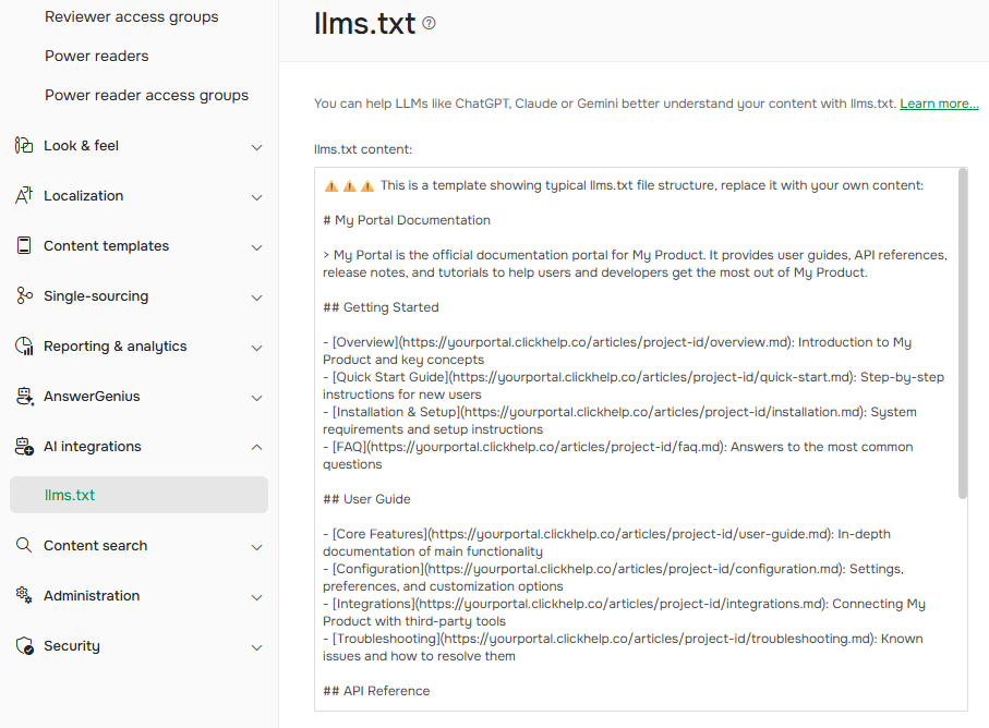 An lllms.txt section of portal settings.