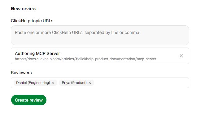 The Guest Review create form with topic URLs and reviewer names entered, ready to create the review.