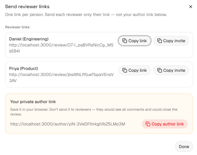 The Send reviewer links dialog with a per-reviewer link, Copy invite and Copy link buttons, and the private author link.
