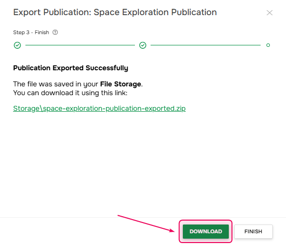 Last screen of the Publishing wizard