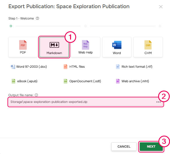 Publishing wizard - selecting Markdown format, the file's name and destination