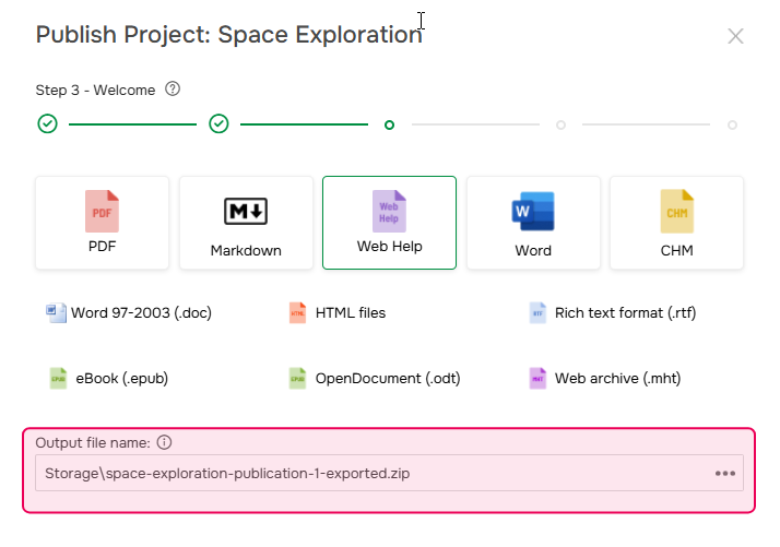 Setting the name of the file and its location while exporting