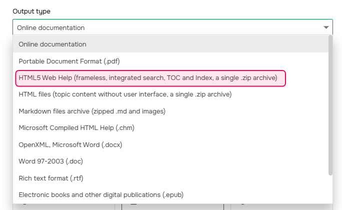 Selecting HTML5 Web Help as export format