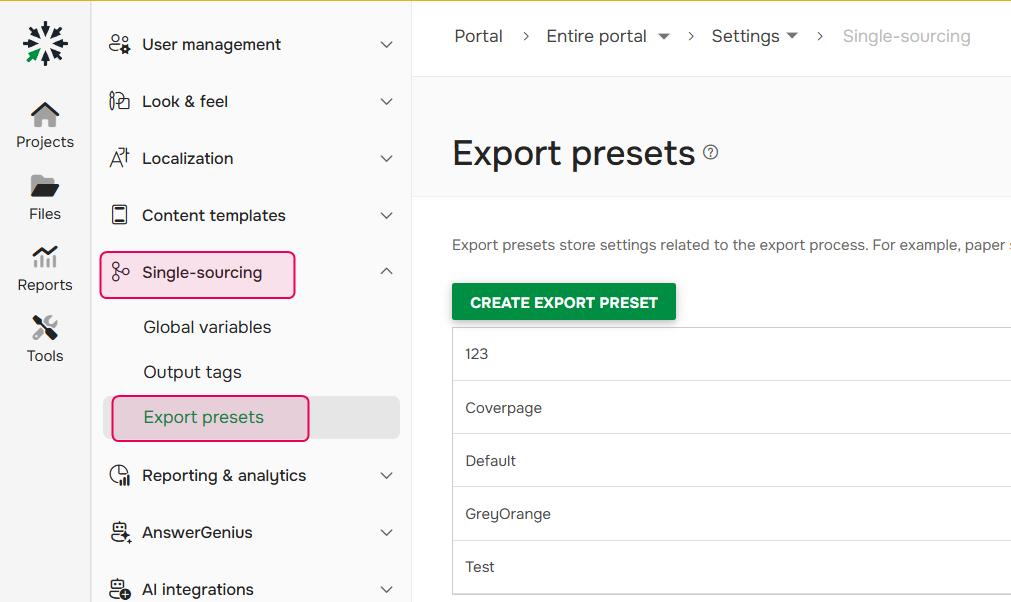 Export presets settings