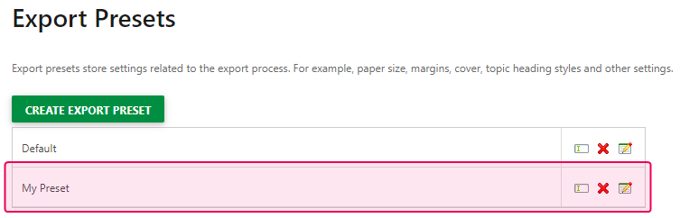 A new Export Preset is created.
