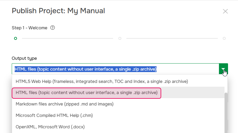 HTML files as Output type.
