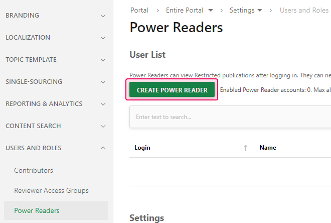The Create Power Reader button.