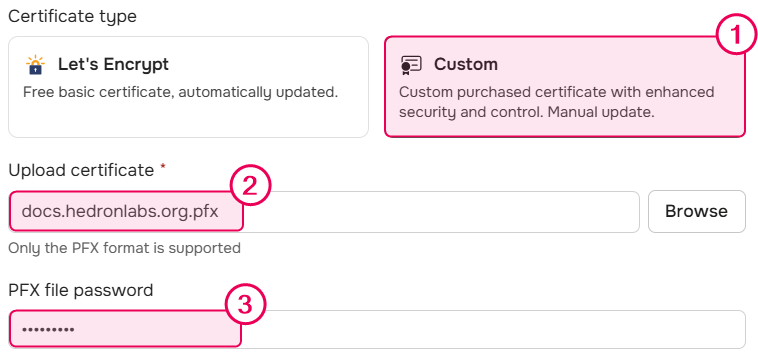 Select Custom certificate option