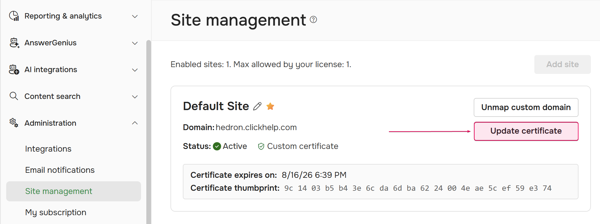 Click the "Update certificate" button.