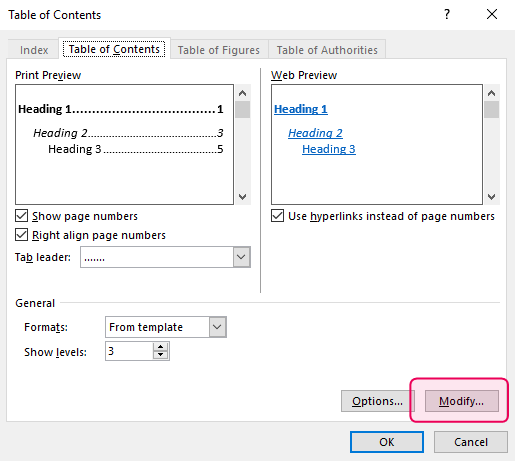 MS Word TOC settings pane