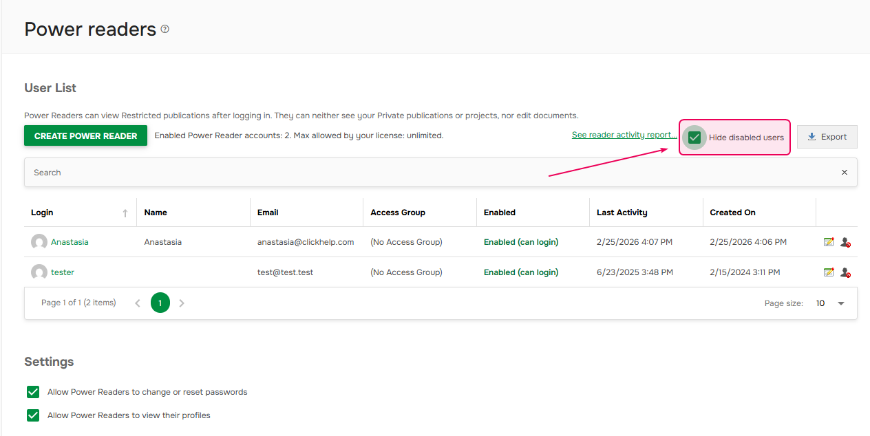 Hiding disabled users