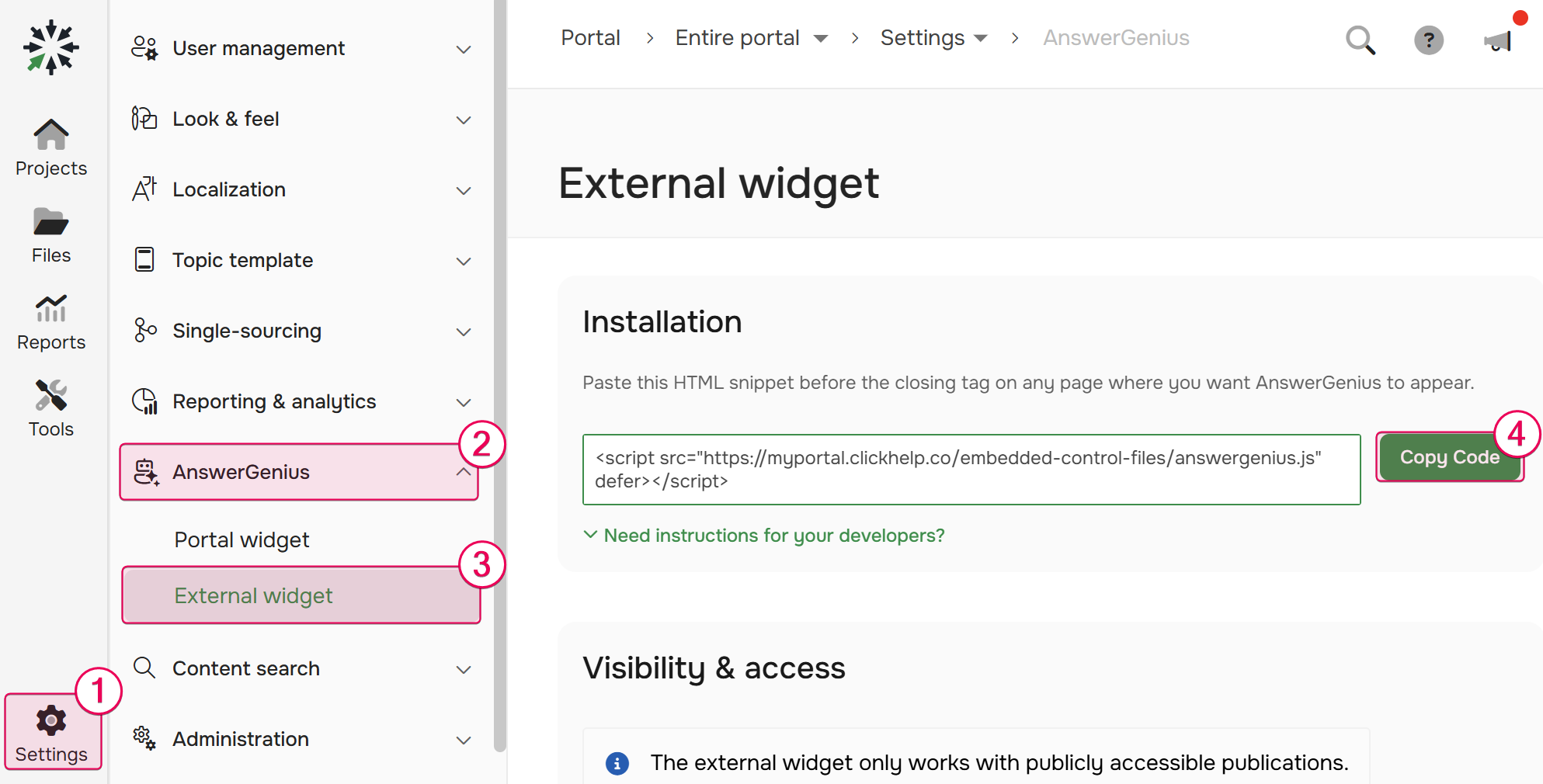 How to copy code snippet to embed the widget to your website or application.