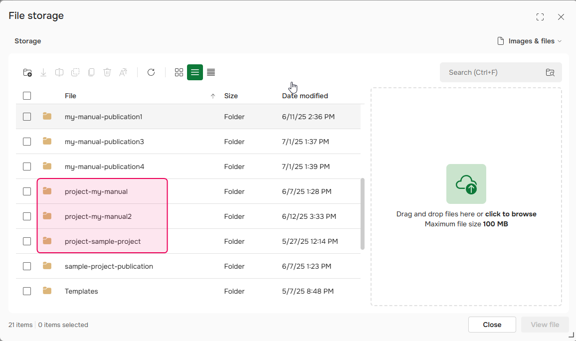 Project folders in File Manager.