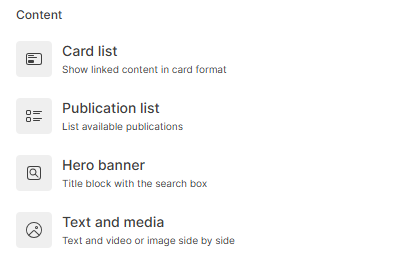 The Content section of the insert block list.