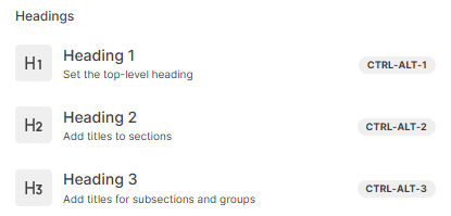 The Headings section of the insert block list.