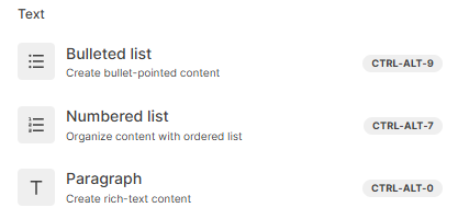 The Text section of the insert block list.
