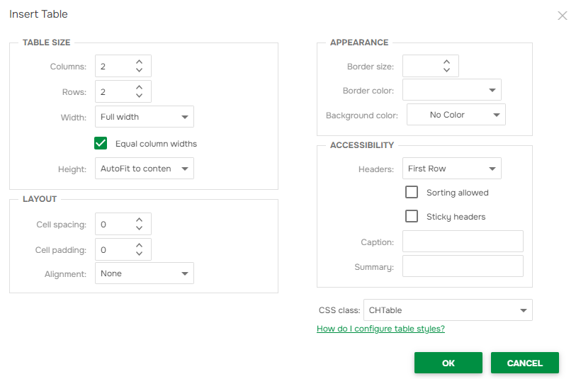 The "Insert Table" dialog.