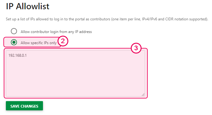 IP allowlist configuration page