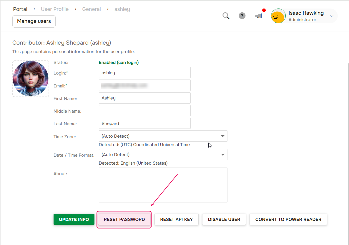 Reset password button.