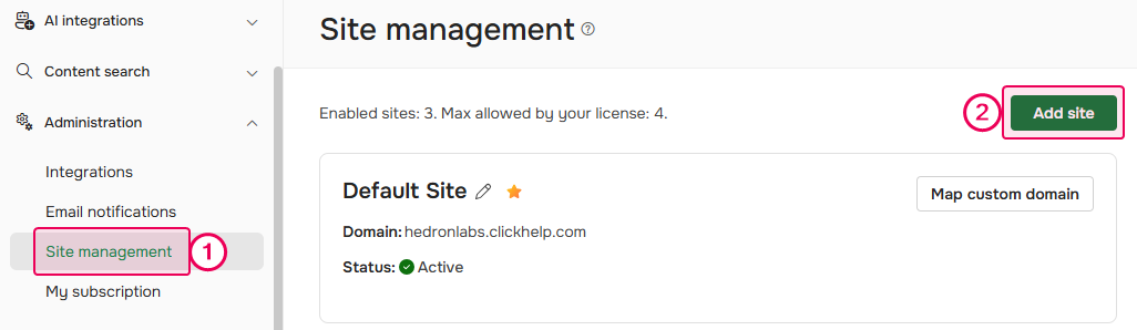 The Add site option in the portal settings.