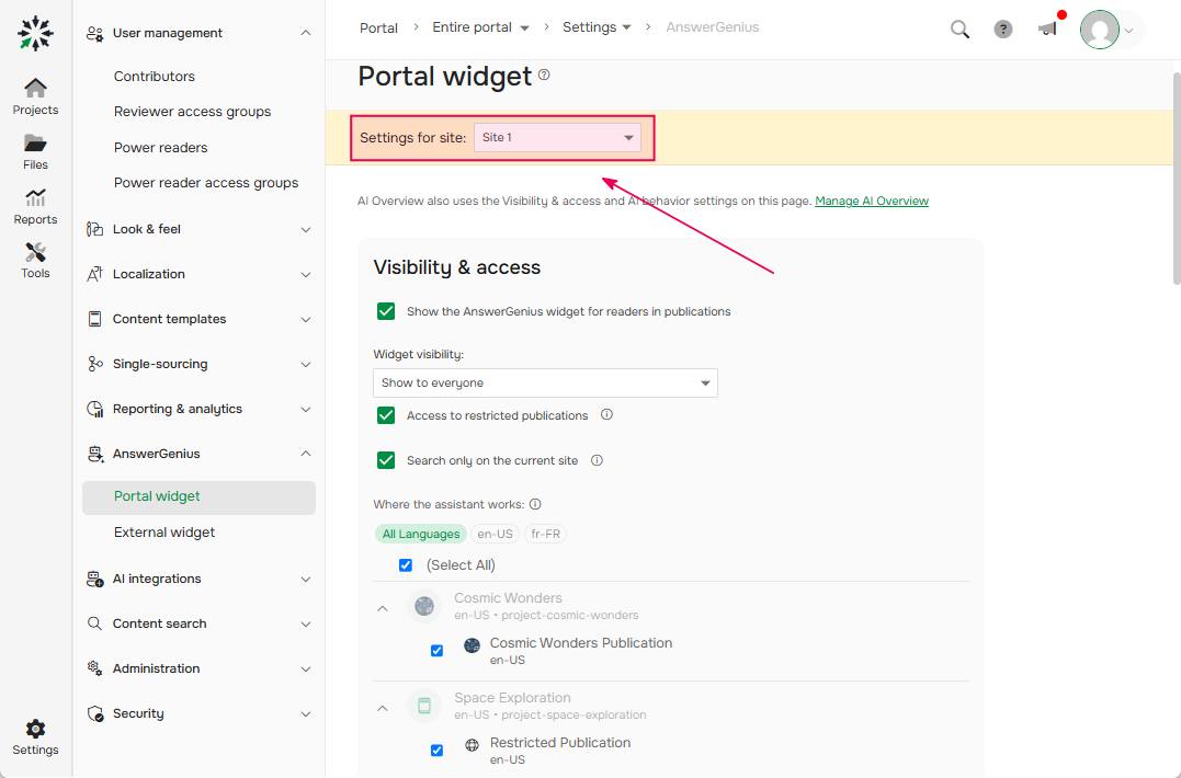 Switching AnswerGenius settings for different sites