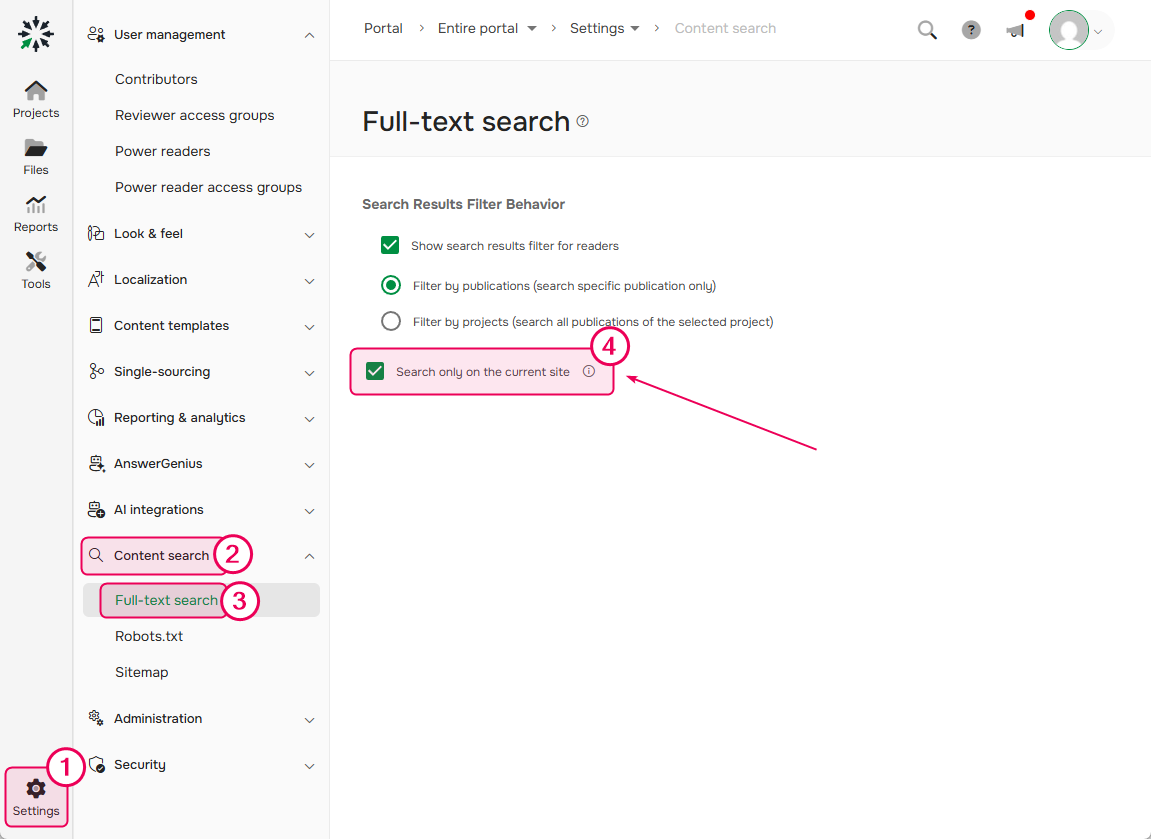 The Search only on the current site option controls search behavior in multi-site portals.