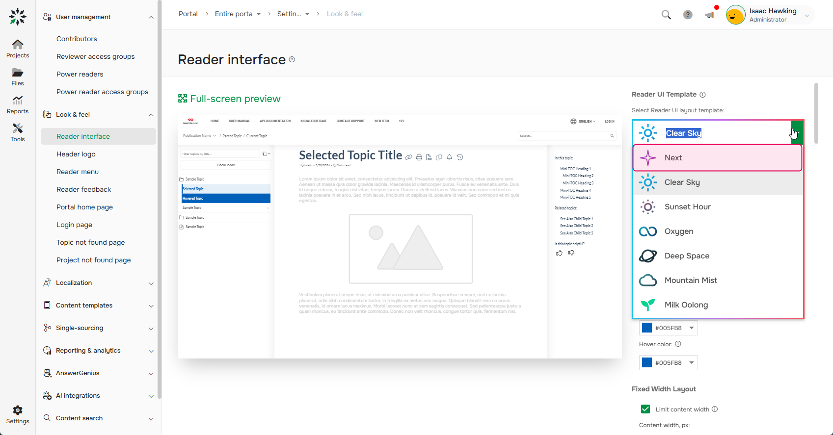 Select the new Reader UI template Next from the list