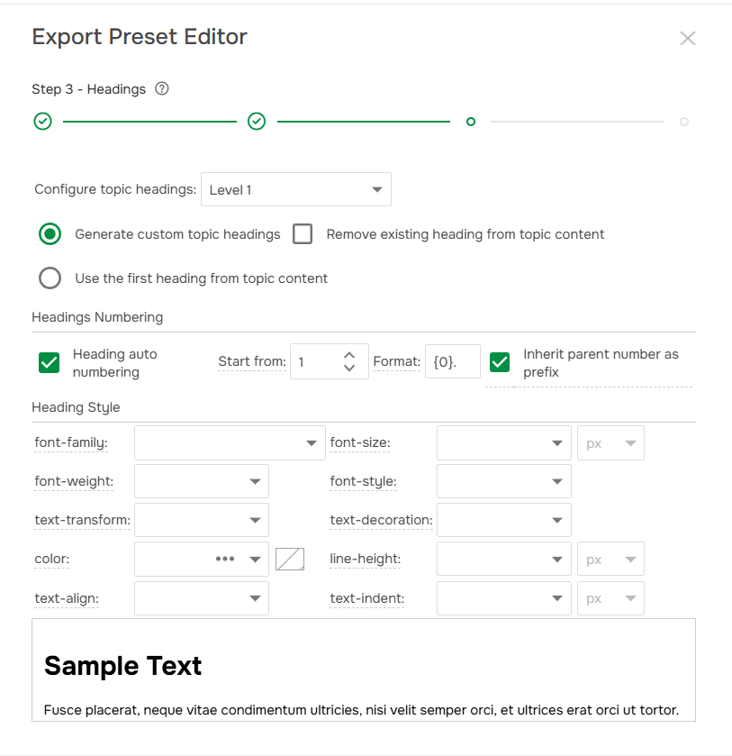 Headings export settings.