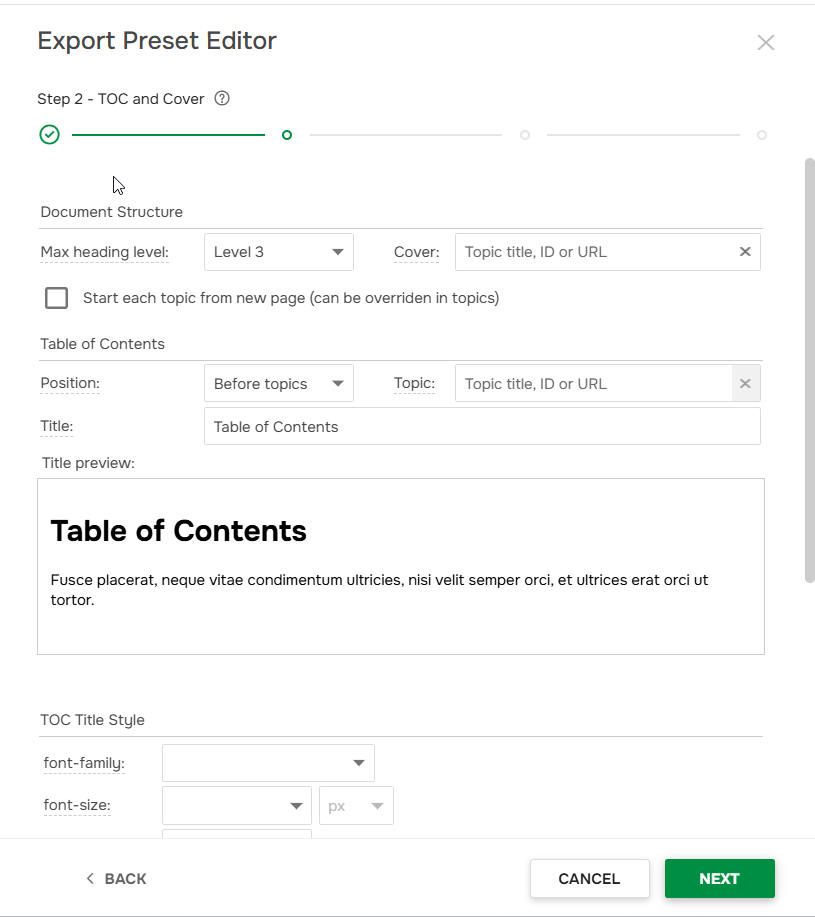 TOC and cover page export settings