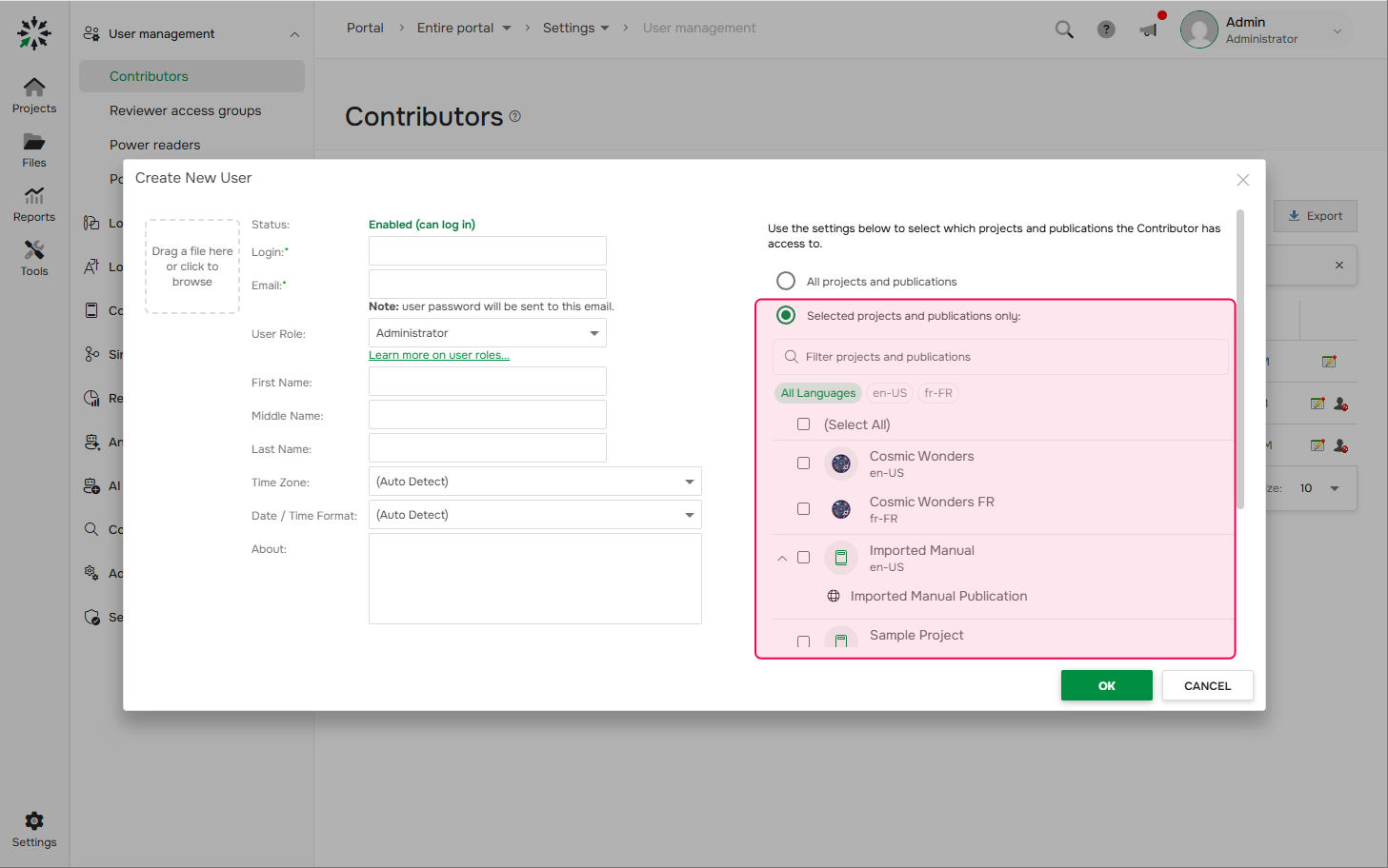 Setting access to projects and publication while creating a new Contributor