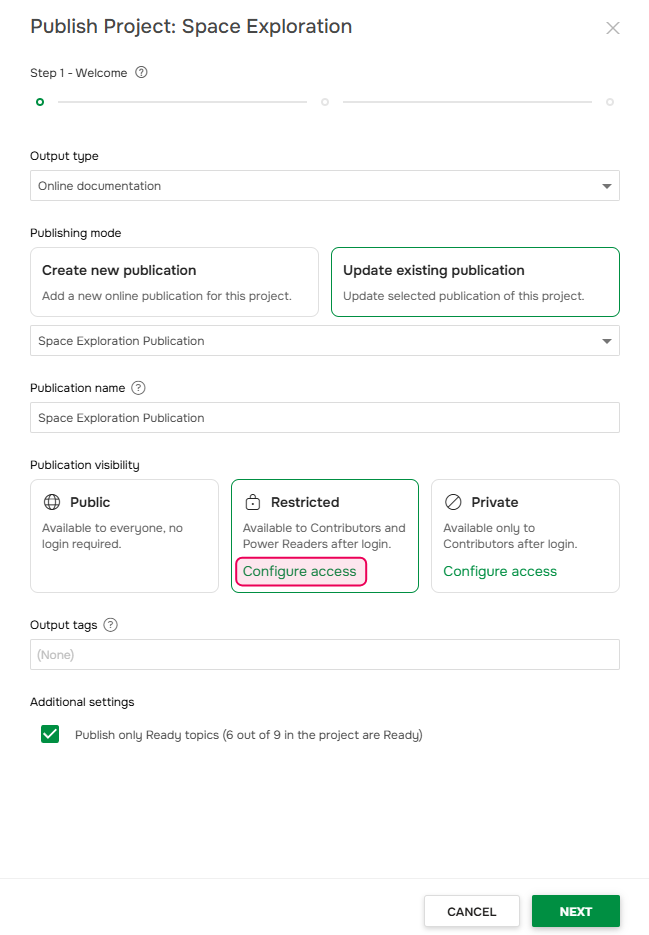 Configure access, select which contributors will have access to the publication