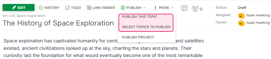 How to publish topics directly from the project page