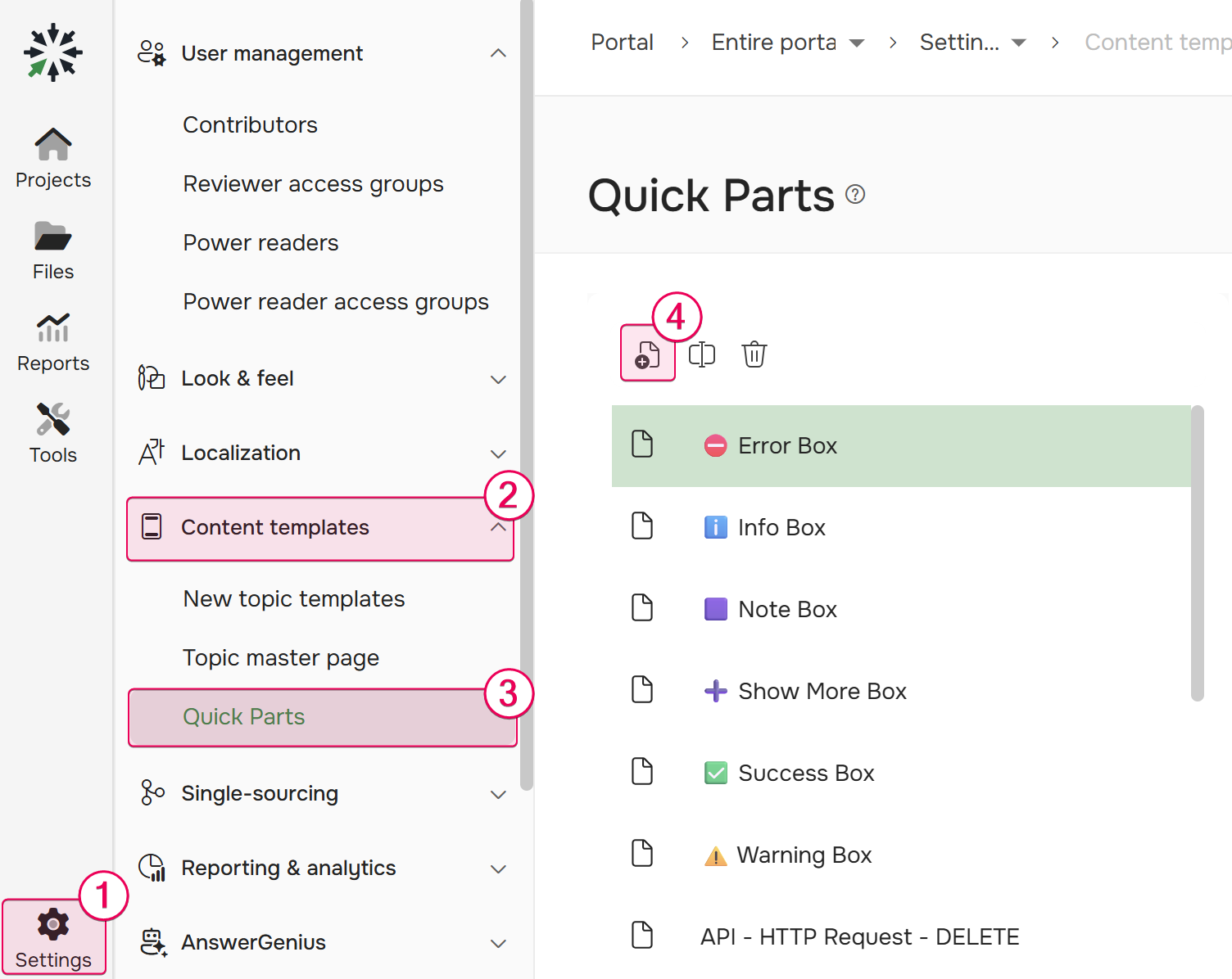 The "Create new file" button allows you to create a new Quick part from the Settings.