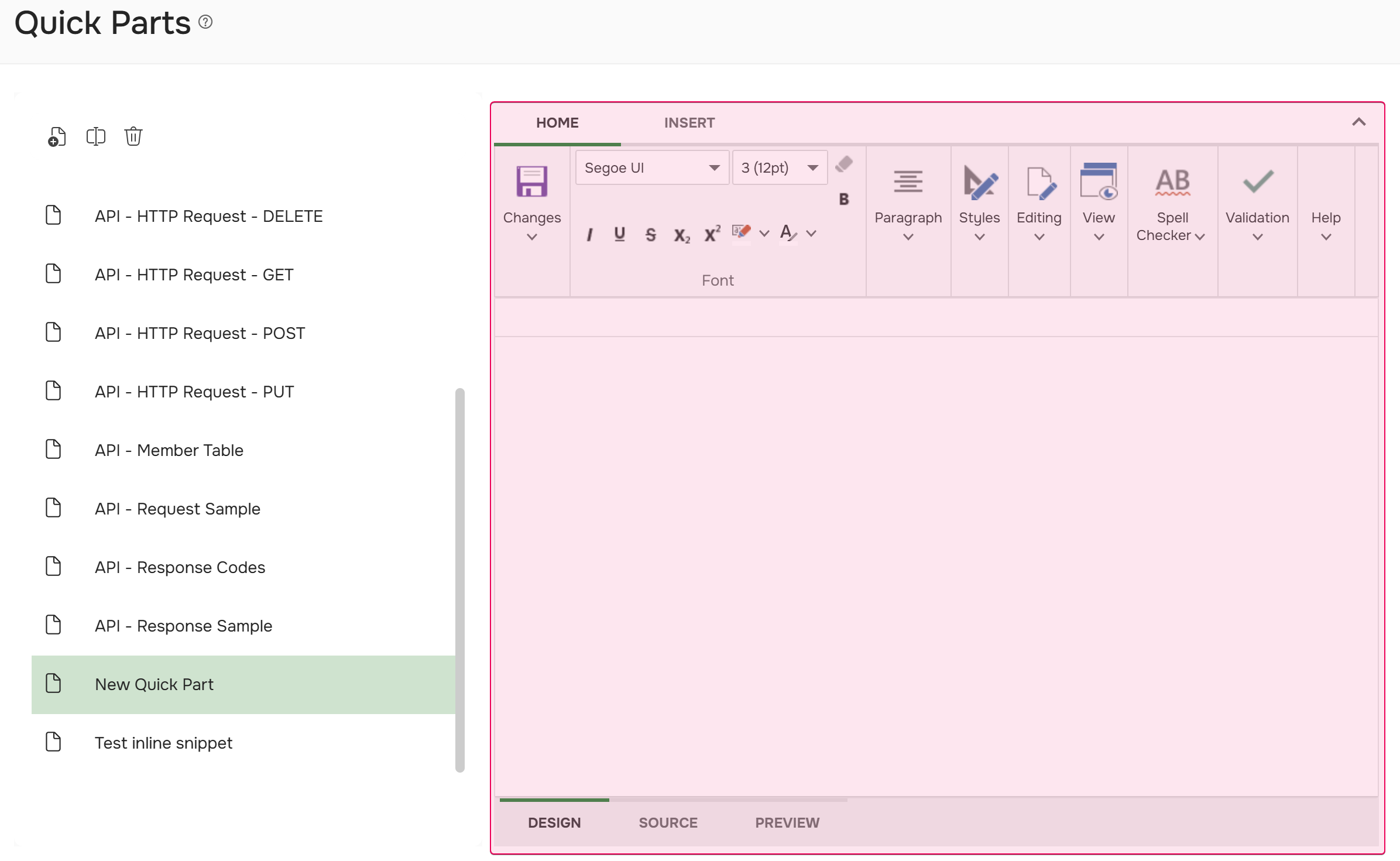 The Quick part editor.