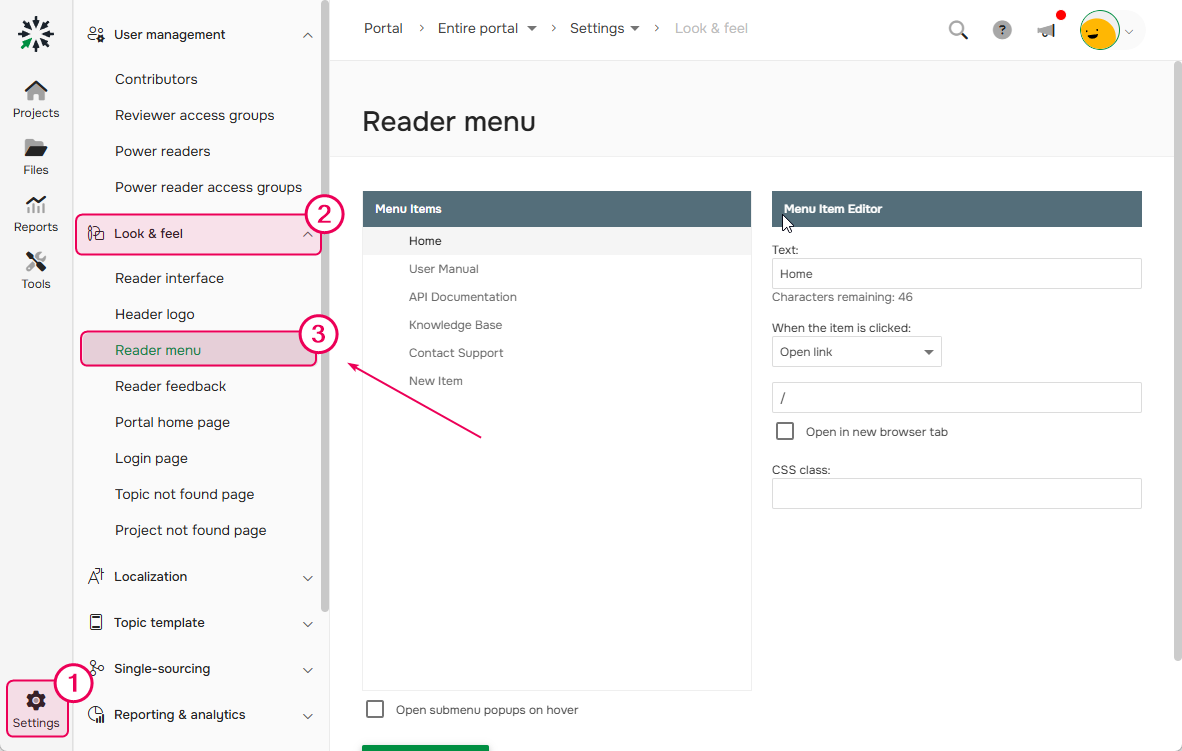 Where Reader menu settings are