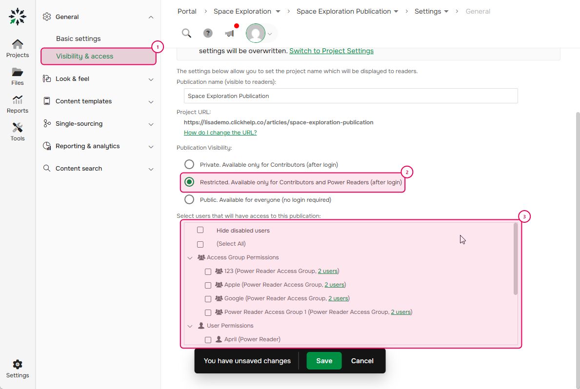 Settings access for an existing ClickHelp publication
