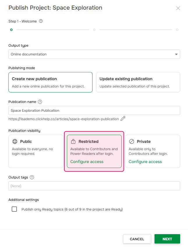 Making a restricted publication in ClickHelp