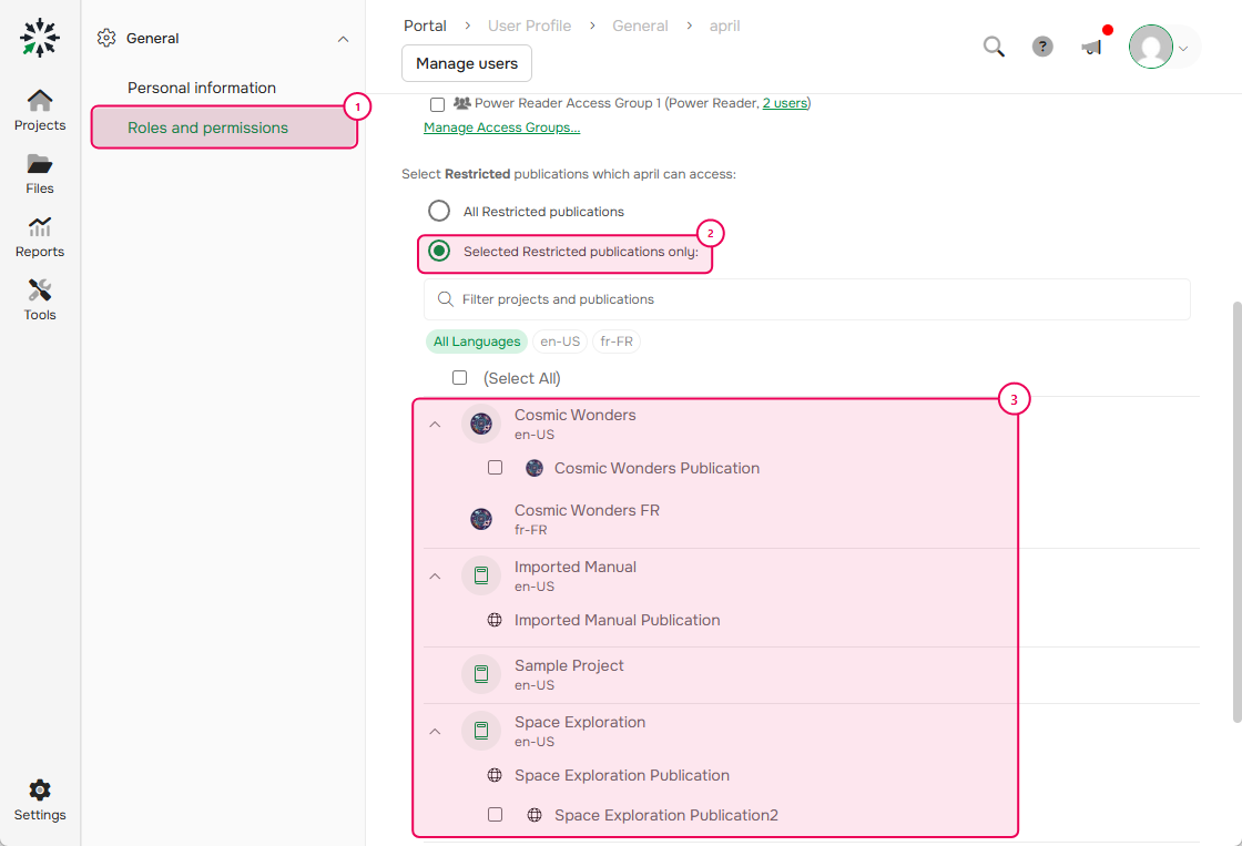Permissions settings for a ClickHelp Power Reader account