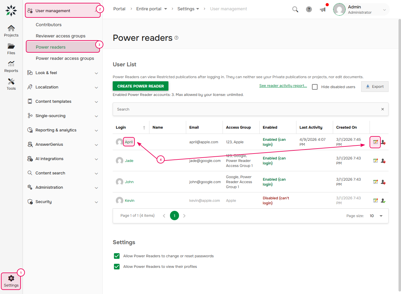 User management settings in ClickHelp portal