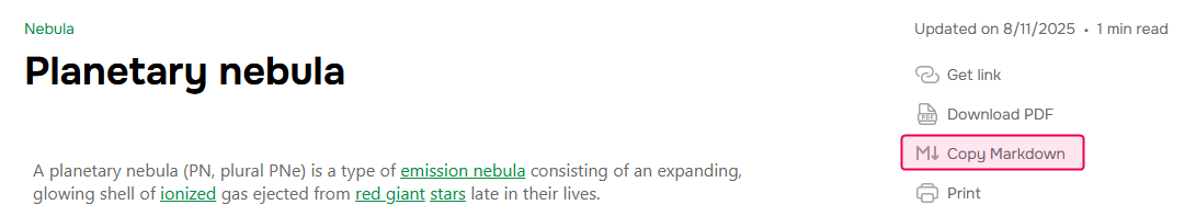 The Copy Markdown option in the Modern interface.